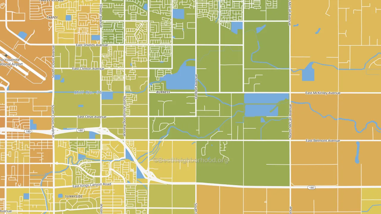 Map of the best neighborhoods in the Southeast Growth Area, Fresno area, with better matches in green and worse matches in red