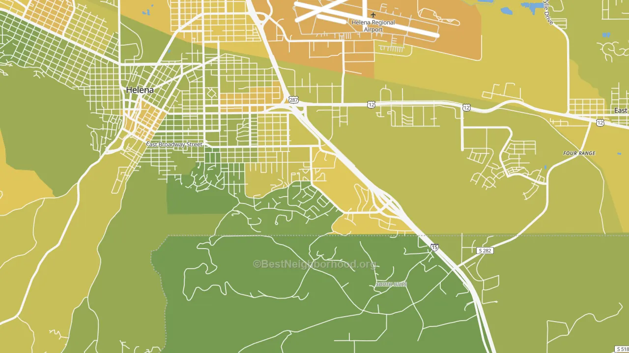 Map of the best neighborhoods in the Southeast, Helena area, with better matches in green and worse matches in red