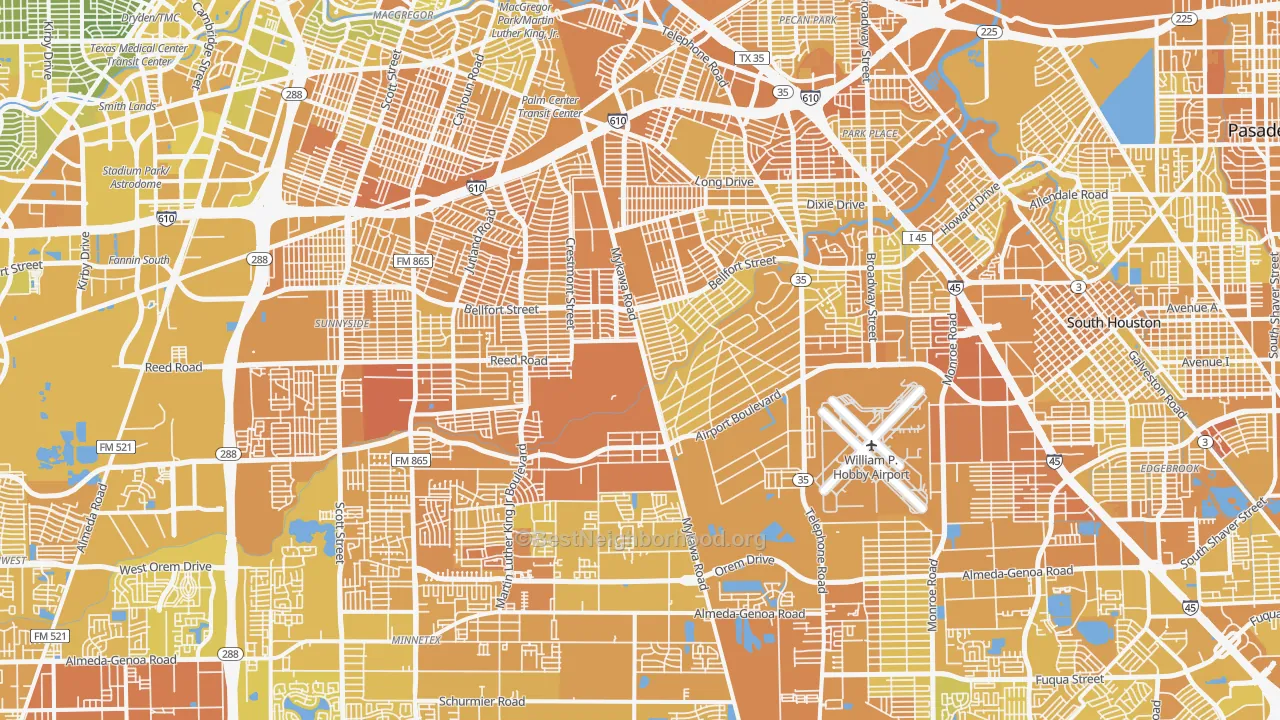 Map of the best neighborhoods in the Southeast, Houston area, with better matches in green and worse matches in red