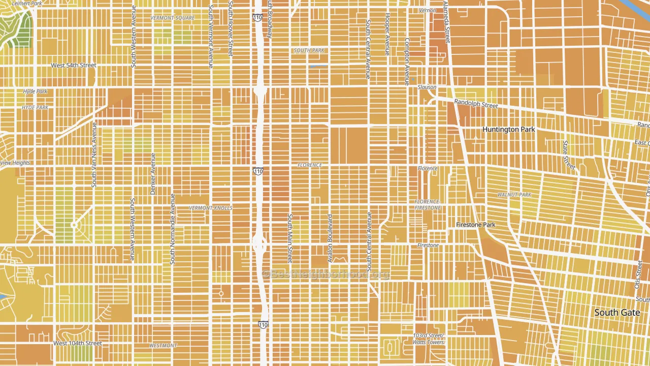 Map of the best neighborhoods in the Southeast Los Angeles, Los Angeles area, with better matches in green and worse matches in red