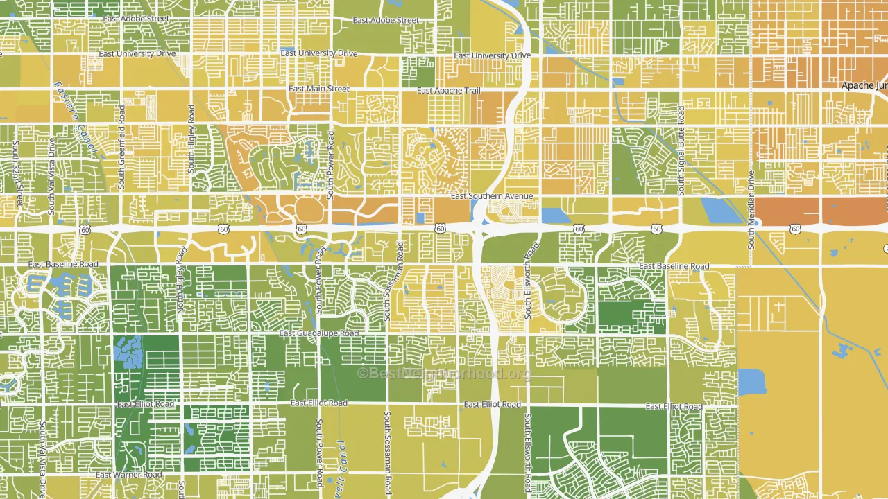 Map of the best neighborhoods in the Southeast Mesa, Mesa area, with better matches in green and worse matches in red