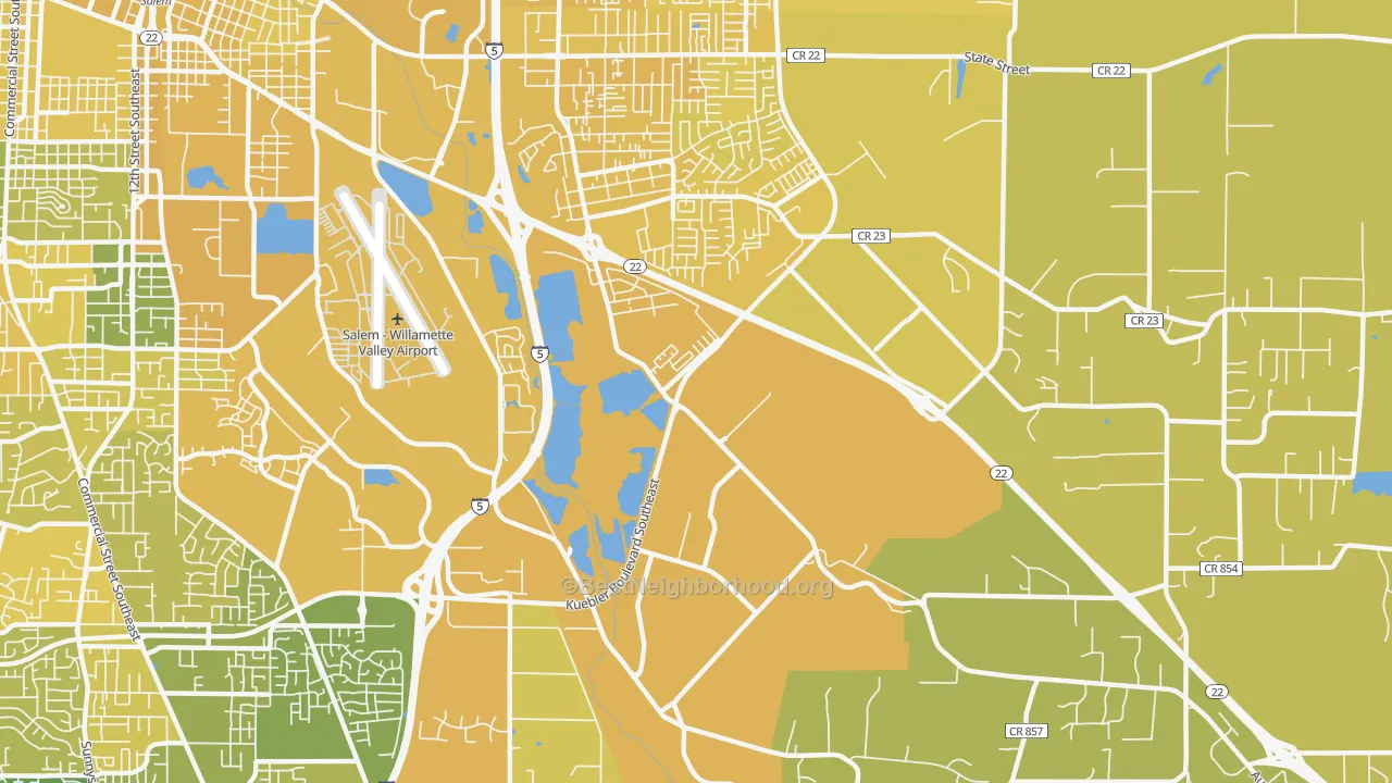 Map of the best neighborhoods in the Southeast Mill Creek, Salem area, with better matches in green and worse matches in red