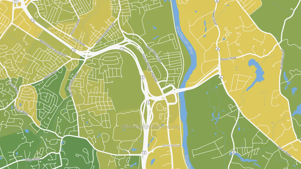 Map of the best neighborhoods in the Southeast Nashua, Nashua area, with better matches in green and worse matches in red