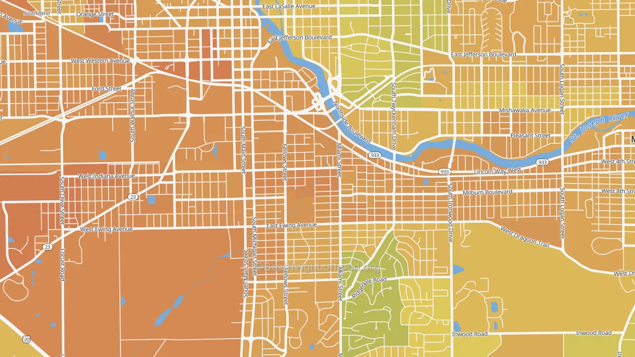 Map of the best neighborhoods in the Southeast Quality, South Bend area, with better matches in green and worse matches in red
