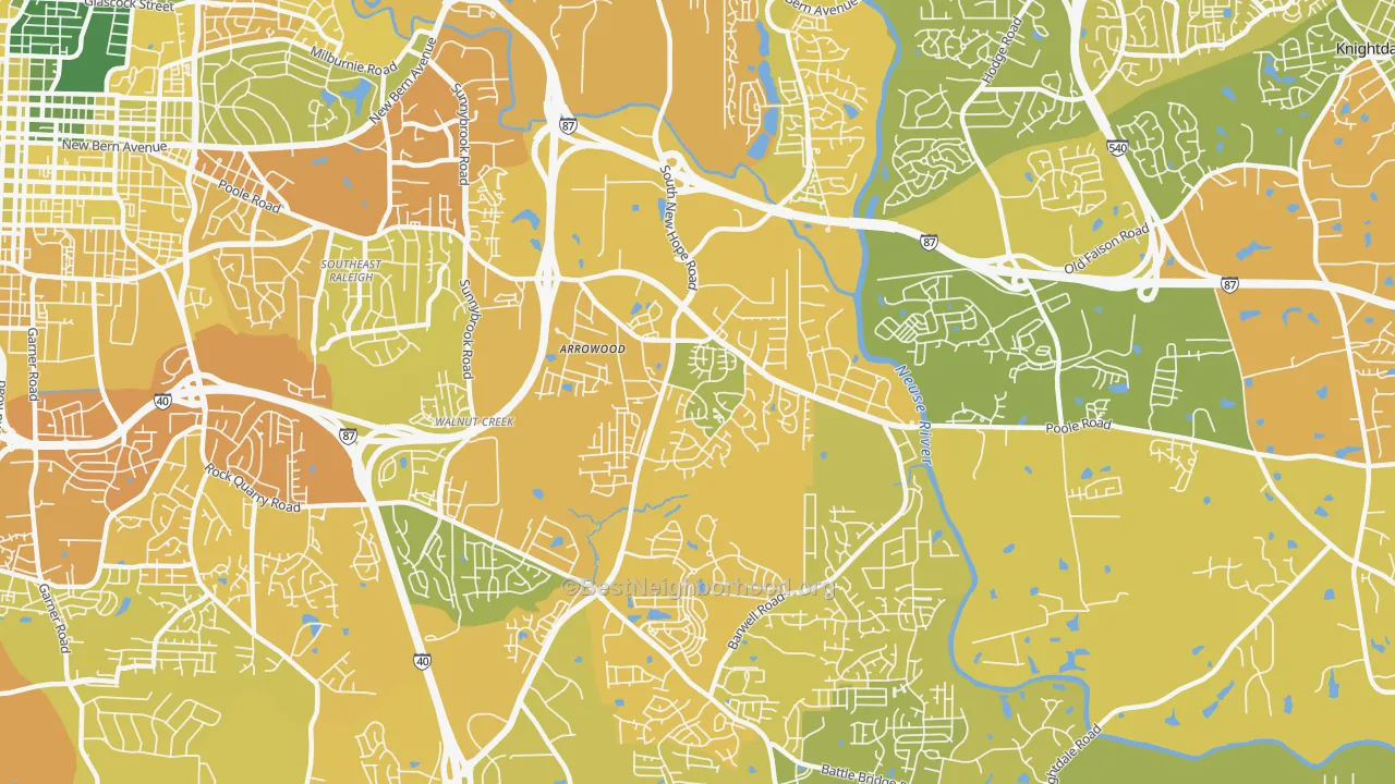 Map of the best neighborhoods in the Southeast, Raleigh area, with better matches in green and worse matches in red