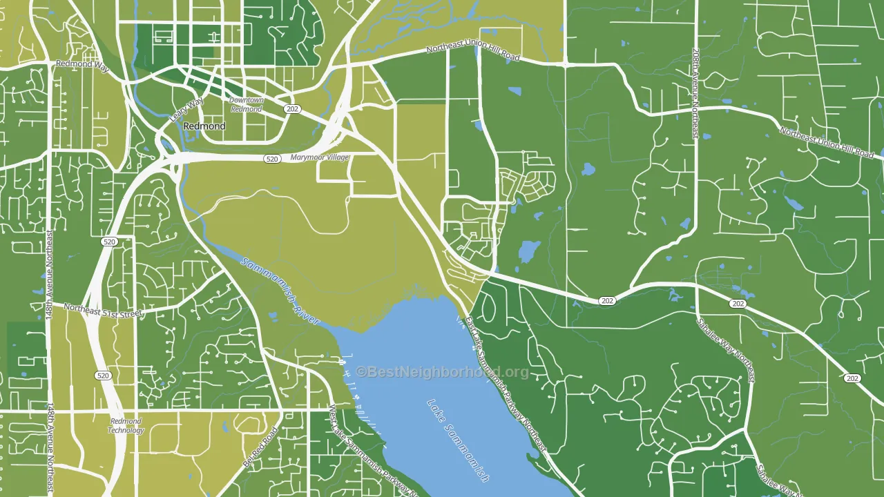 Map of the best neighborhoods in the Southeast Redmond, Redmond area, with better matches in green and worse matches in red