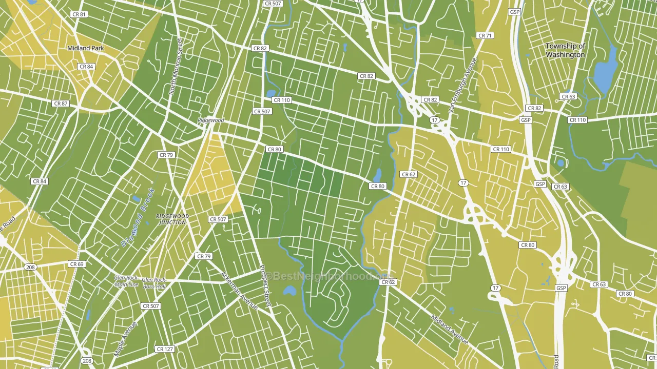 Map of the best neighborhoods in the Southeast Ridgewood, Ridgewood area, with better matches in green and worse matches in red
