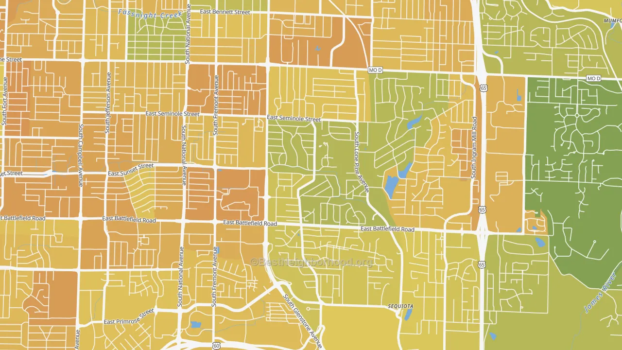 Map of the best neighborhoods in the Southeast Springfield, Springfield area, with better matches in green and worse matches in red