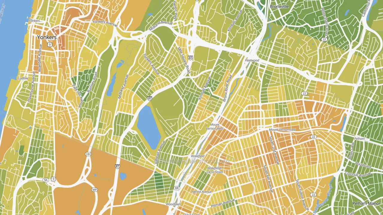 Map of the best neighborhoods in the Southeast Yonkers, Yonkers area, with better matches in green and worse matches in red