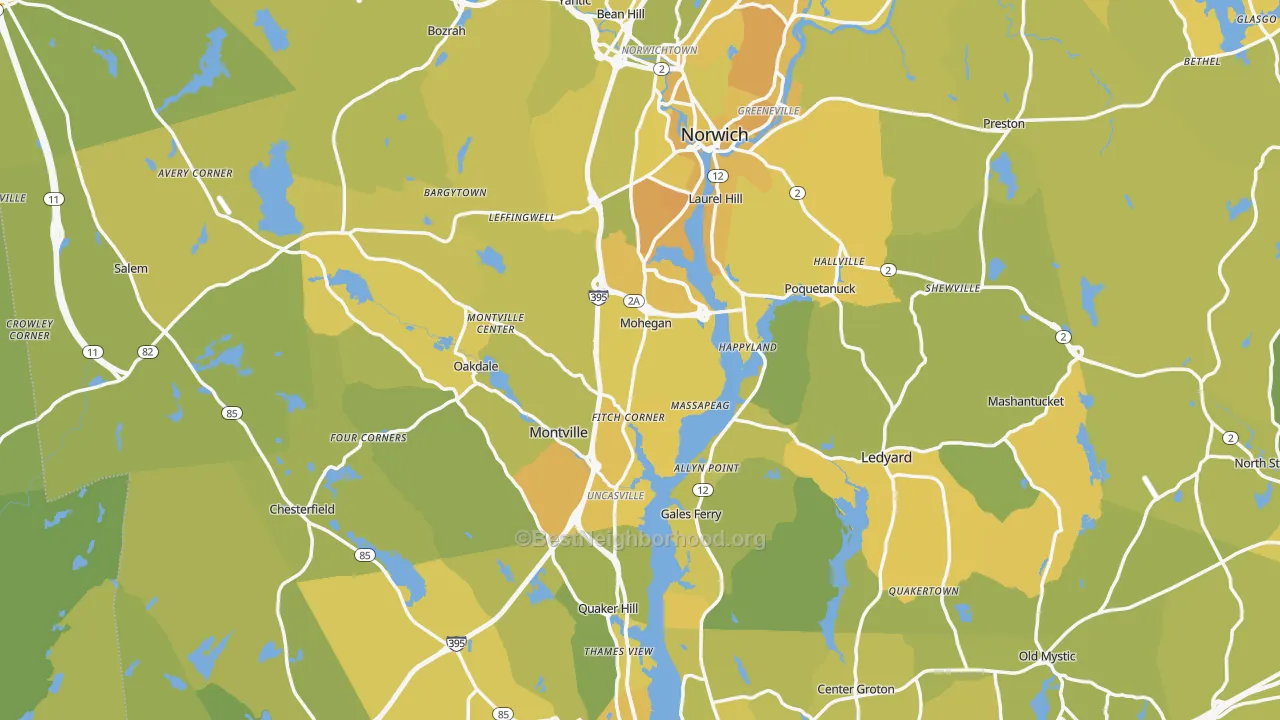 Map of the best neighborhoods in the Southeastern Connecticut Planning Region area, with better matches in green and worse matches in red