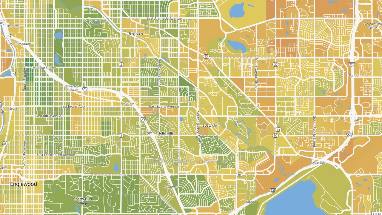 Map of the best neighborhoods in the Southeastern Denver, Denver area, with better matches in green and worse matches in red