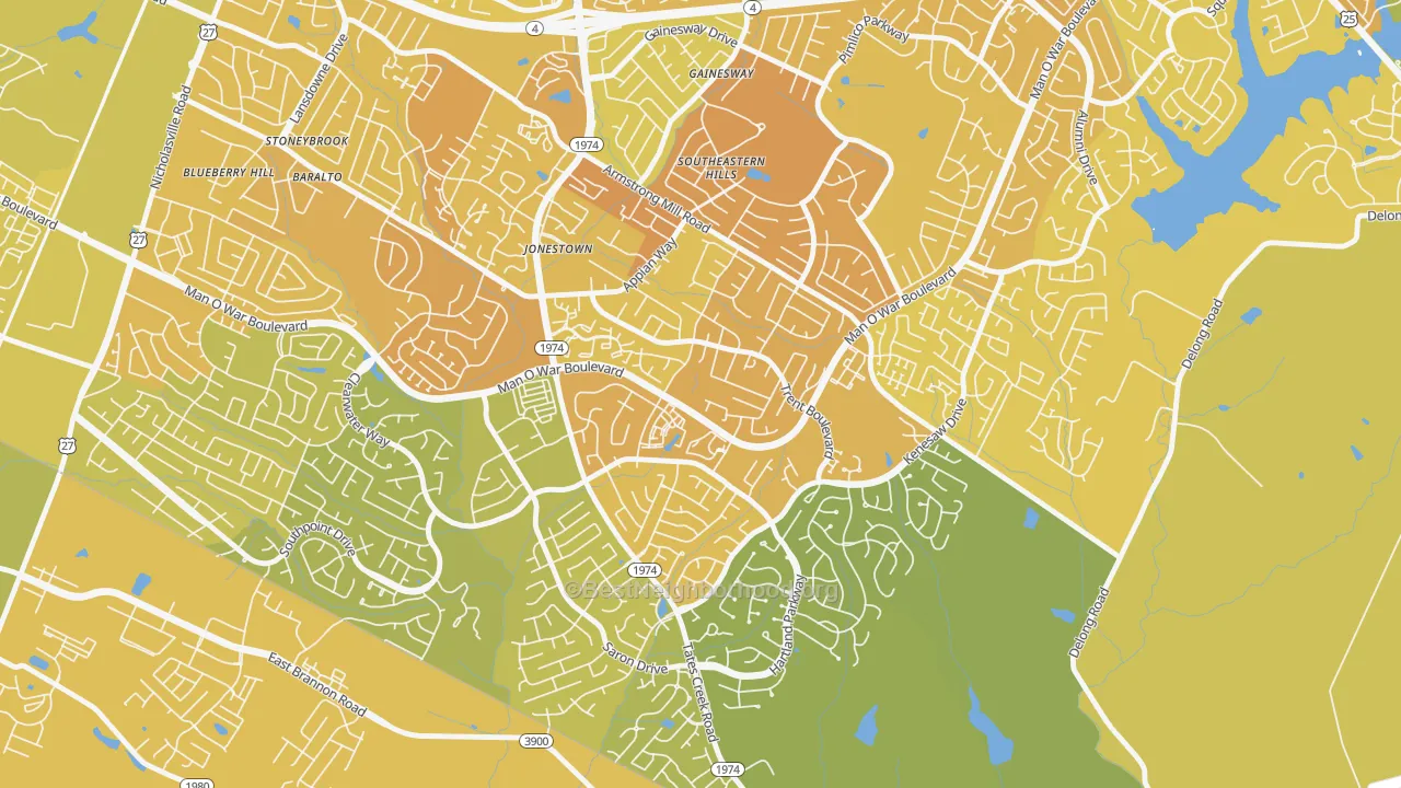 Map of the best neighborhoods in the Southeastern Hills, Lexington area, with better matches in green and worse matches in red