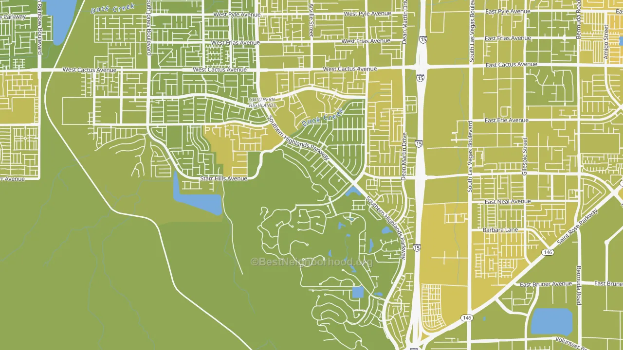 Map of the best neighborhoods in the Southern Highlands, Enterprise area, with better matches in green and worse matches in red