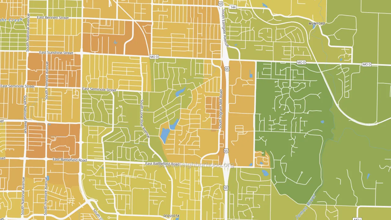 Map of the best neighborhoods in the Southern Hills, Springfield area, with better matches in green and worse matches in red