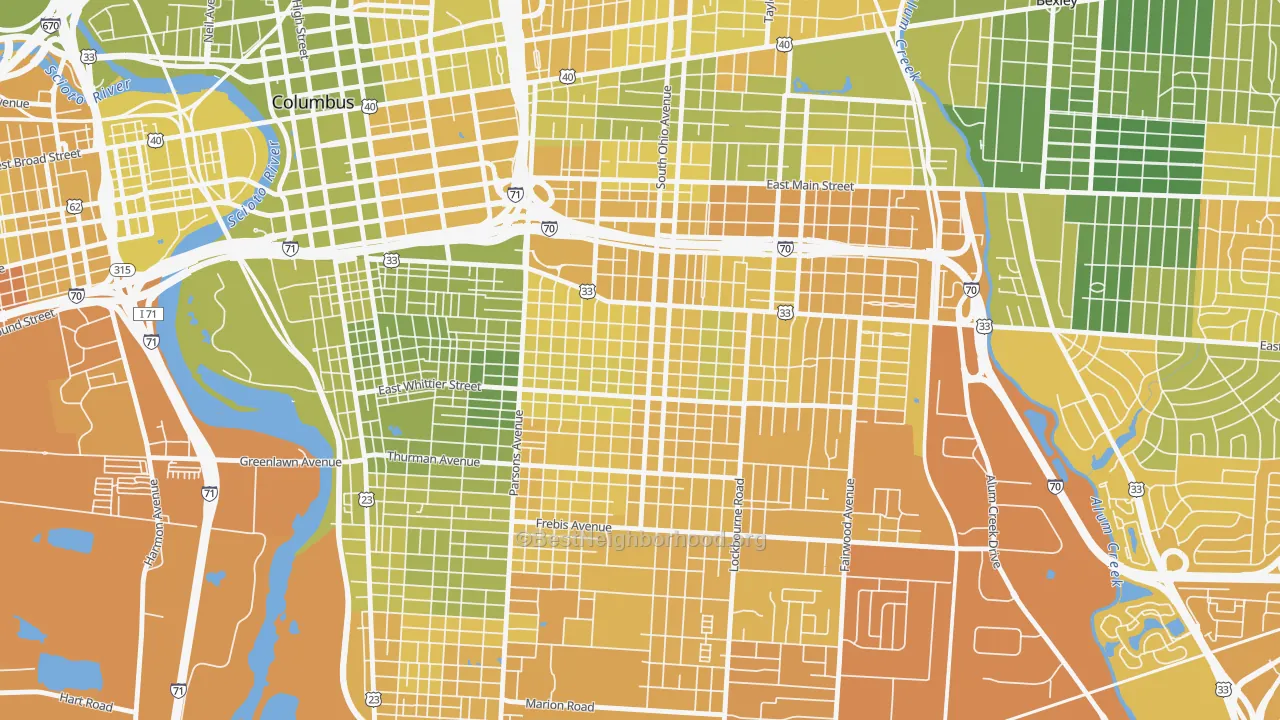 Map of the best neighborhoods in the Southern Orchards, Columbus area, with better matches in green and worse matches in red