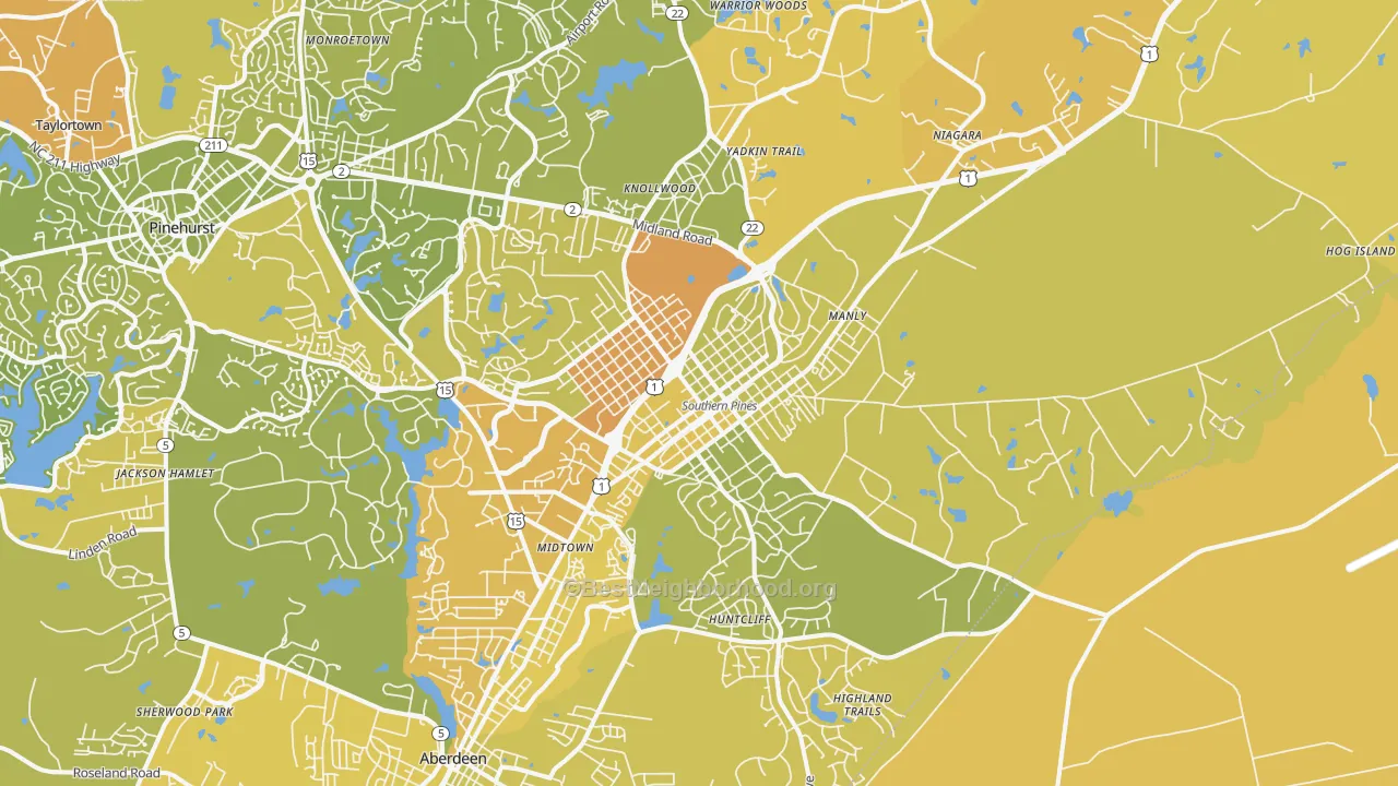 Map of the best neighborhoods in the Southern Pines area, with better matches in green and worse matches in red