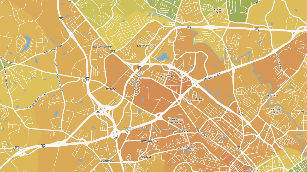 Map of the best neighborhoods in the Southern Shops area, with better matches in green and worse matches in red