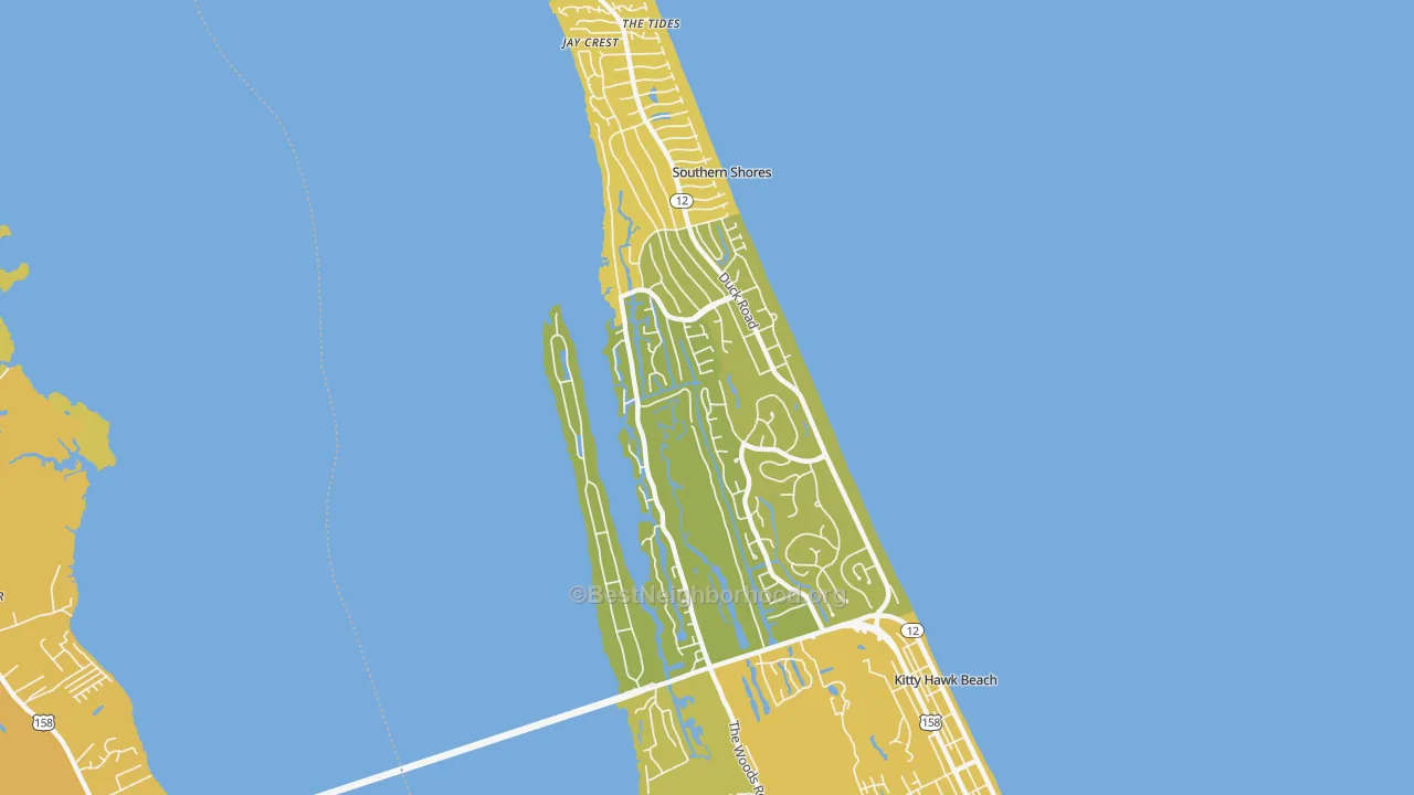 Map of the best neighborhoods in the Southern Shores area, with better matches in green and worse matches in red