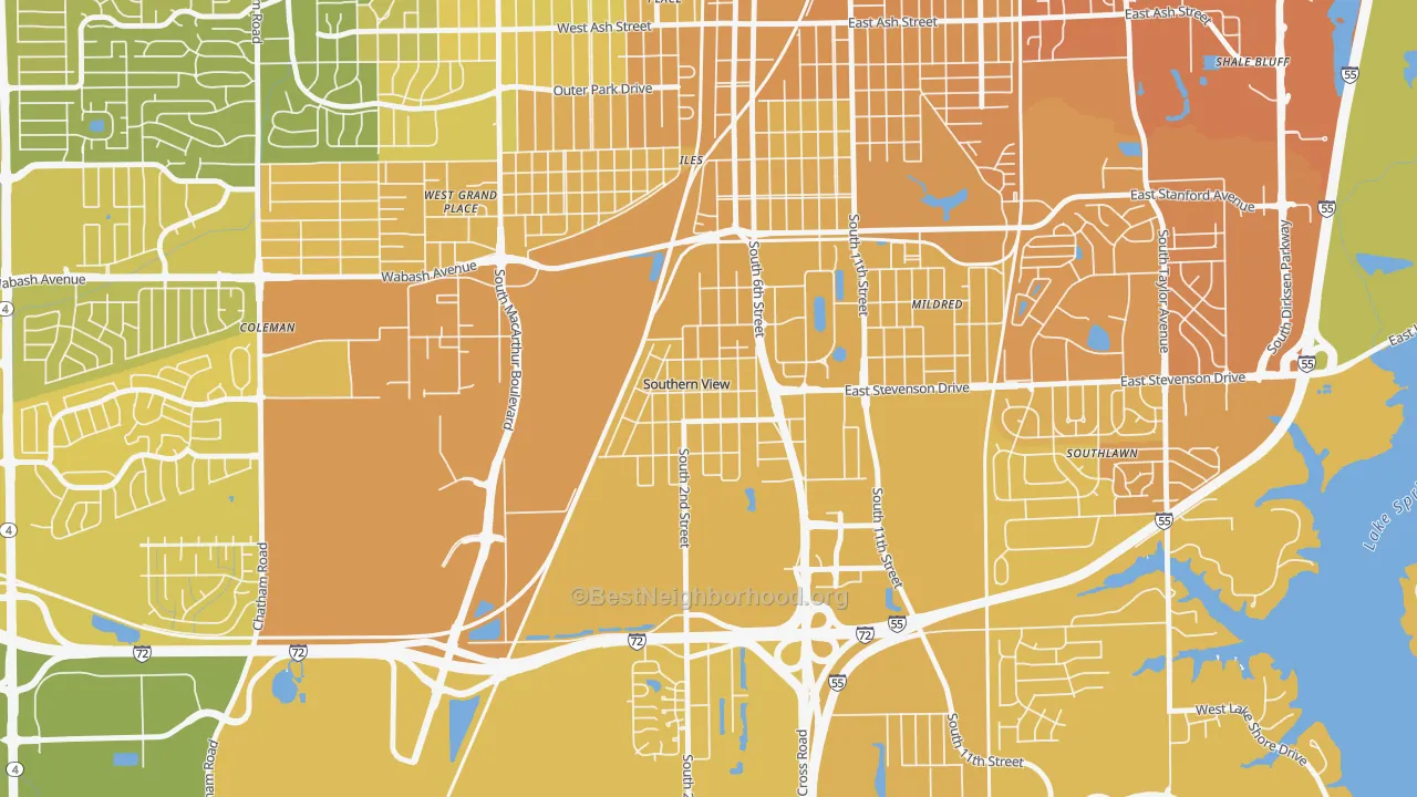 Map of the best neighborhoods in the Southern View area, with better matches in green and worse matches in red