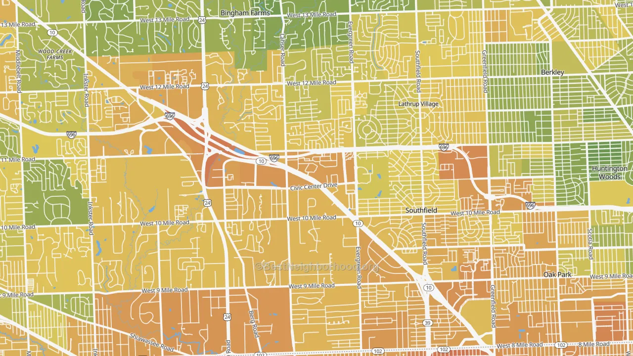 Map of the best neighborhoods in the Southfield area, with better matches in green and worse matches in red
