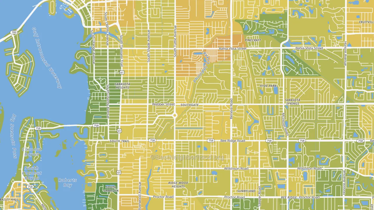 Map of the best neighborhoods in the Southgate area, with better matches in green and worse matches in red