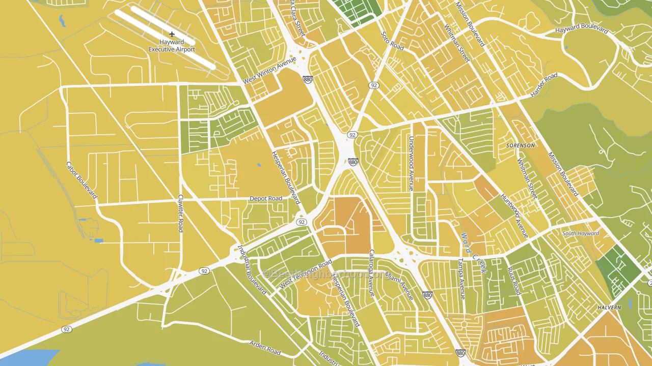 Map of the best neighborhoods in the Southgate, Hayward area, with better matches in green and worse matches in red