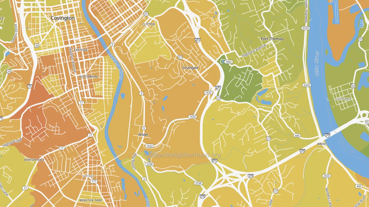 Map of the best neighborhoods in the Southgate area, with better matches in green and worse matches in red