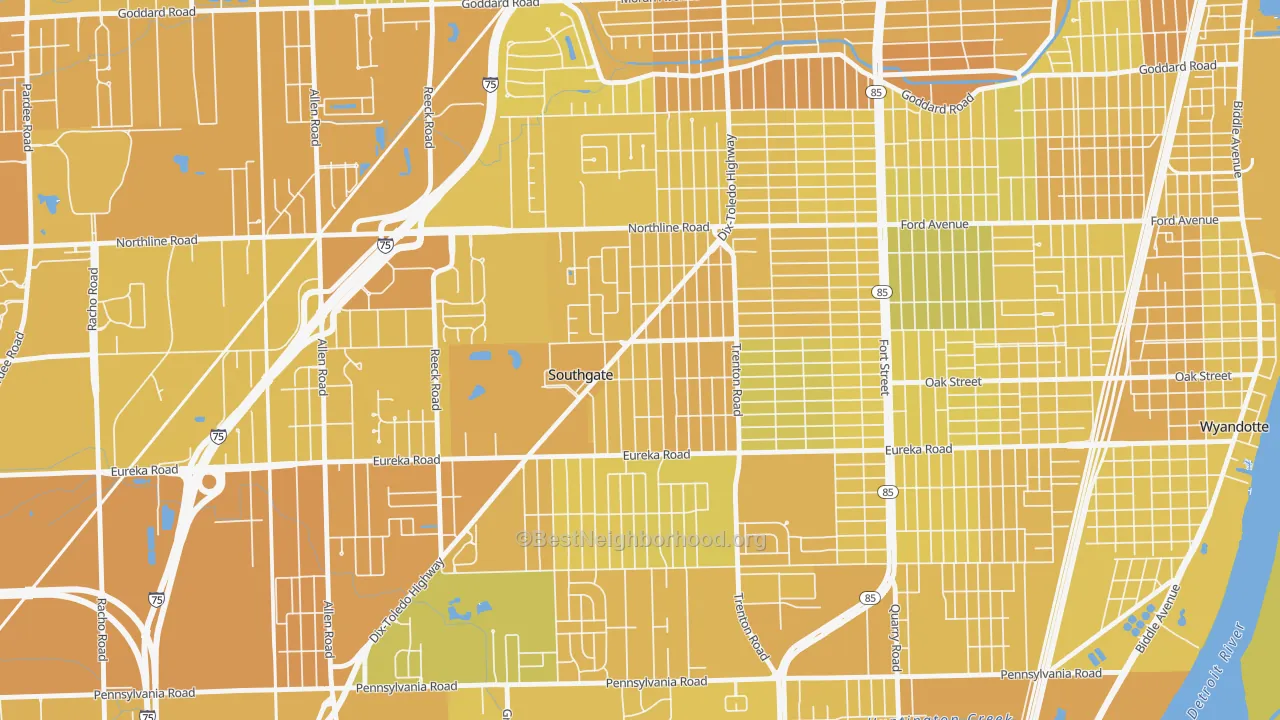 Map of the best neighborhoods in the Southgate area, with better matches in green and worse matches in red