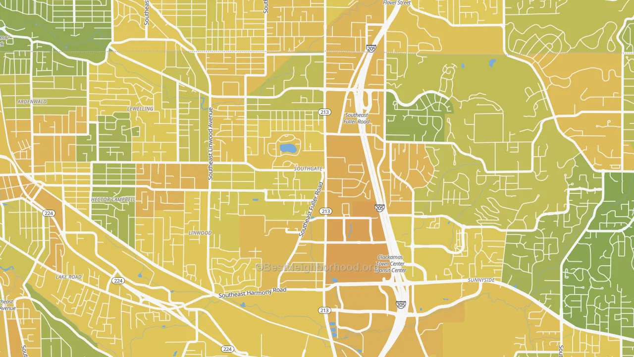 Map of the best neighborhoods in the Southgate, Portland area, with better matches in green and worse matches in red