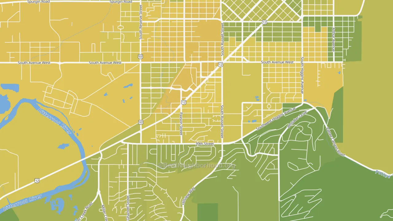 Map of the best neighborhoods in the Southgate Triangle, Missoula area, with better matches in green and worse matches in red