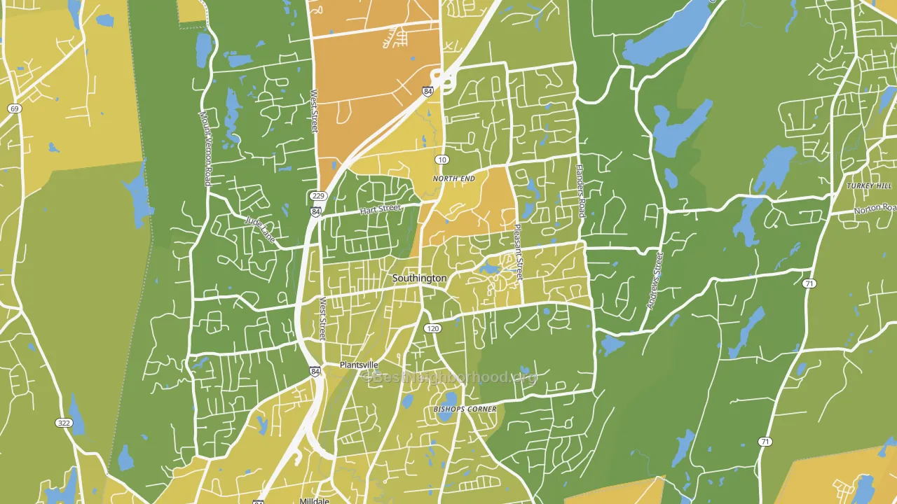 Map of the best neighborhoods in the Southington area, with better matches in green and worse matches in red