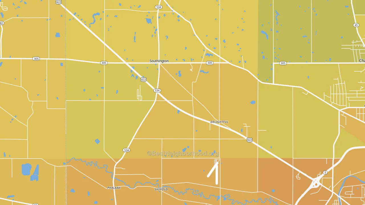 Map of the best neighborhoods in the Southington area, with better matches in green and worse matches in red