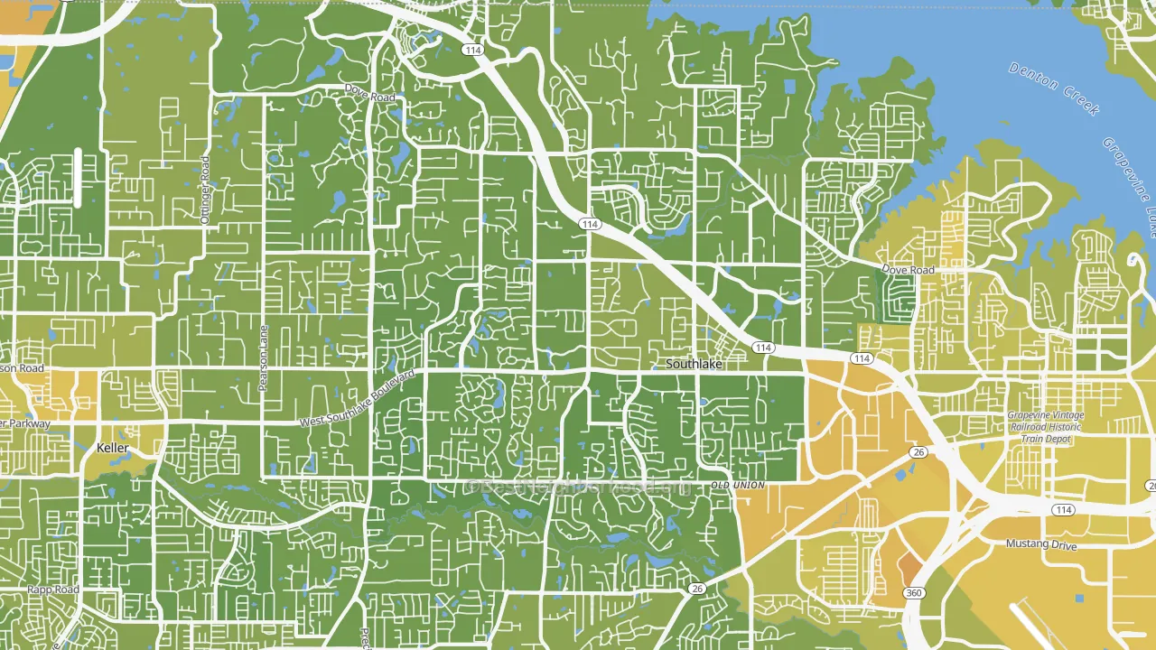 Map of the best neighborhoods in the Southlake area, with better matches in green and worse matches in red