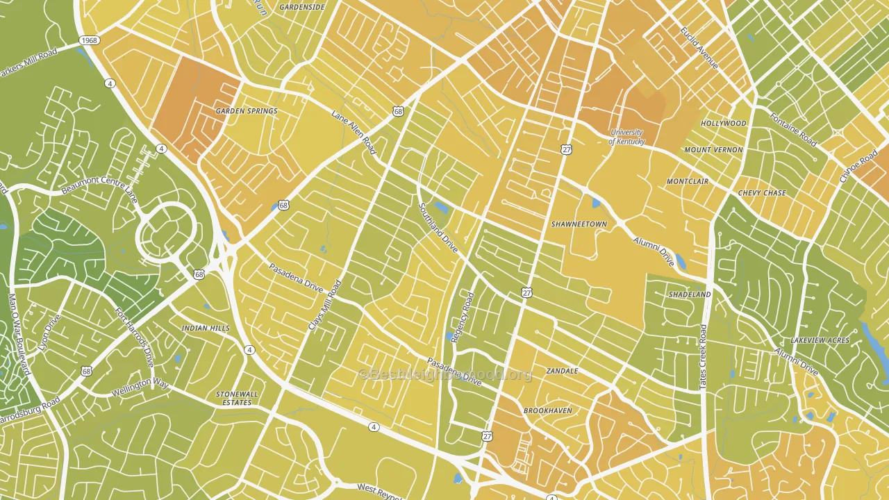 Map of the best neighborhoods in the Southland Deerfield Open Gates, Lexington area, with better matches in green and worse matches in red