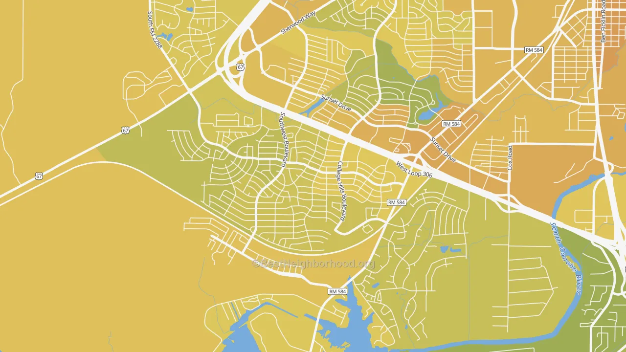 Map of the best neighborhoods in the Southland, San Angelo area, with better matches in green and worse matches in red
