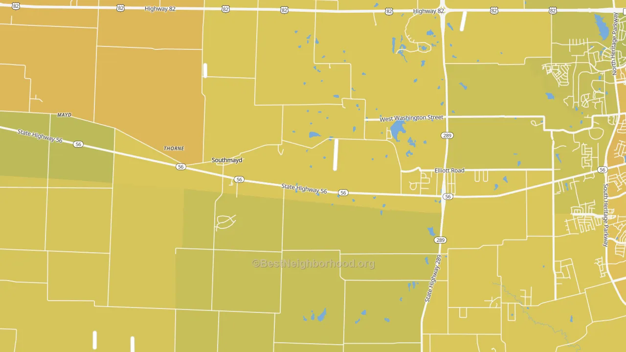 Map of the best neighborhoods in the Southmayd area, with better matches in green and worse matches in red