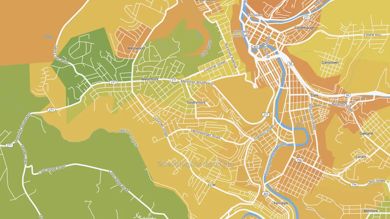 Map of the best neighborhoods in the Southmont area, with better matches in green and worse matches in red