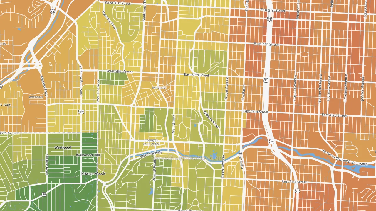 Map of the best neighborhoods in the Southmoreland, Kansas City area, with better matches in green and worse matches in red