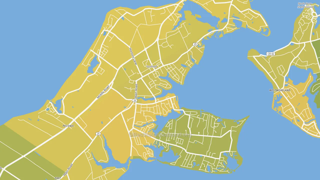 Map of the best neighborhoods in the Southold area, with better matches in green and worse matches in red