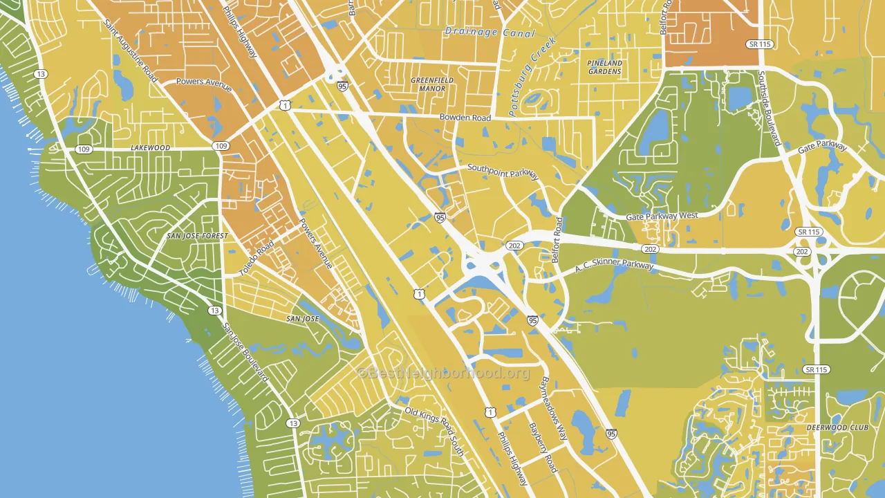 Map of the best neighborhoods in the Southpoint, Jacksonville area, with better matches in green and worse matches in red