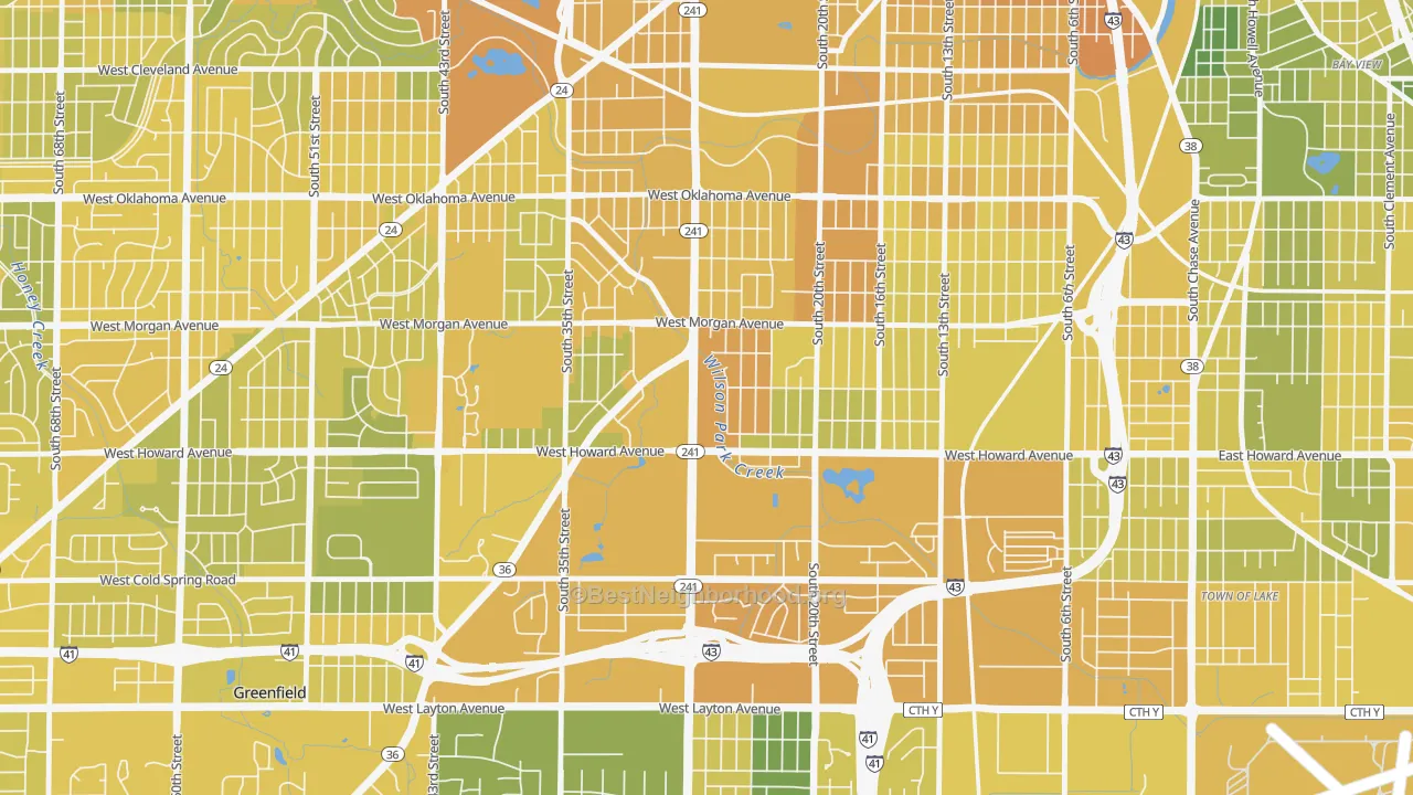 Map of the best neighborhoods in the Southpoint, Milwaukee area, with better matches in green and worse matches in red
