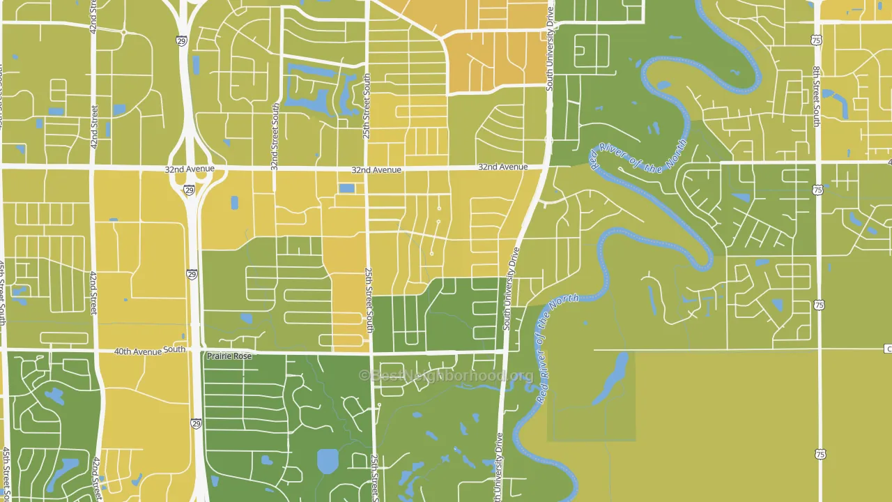 Map of the best neighborhoods in the Southpointe, Fargo area, with better matches in green and worse matches in red