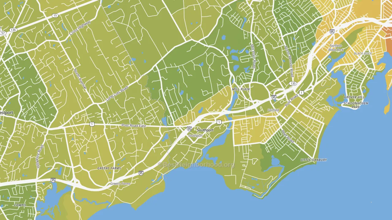 Map of the best neighborhoods in the Southport area, with better matches in green and worse matches in red