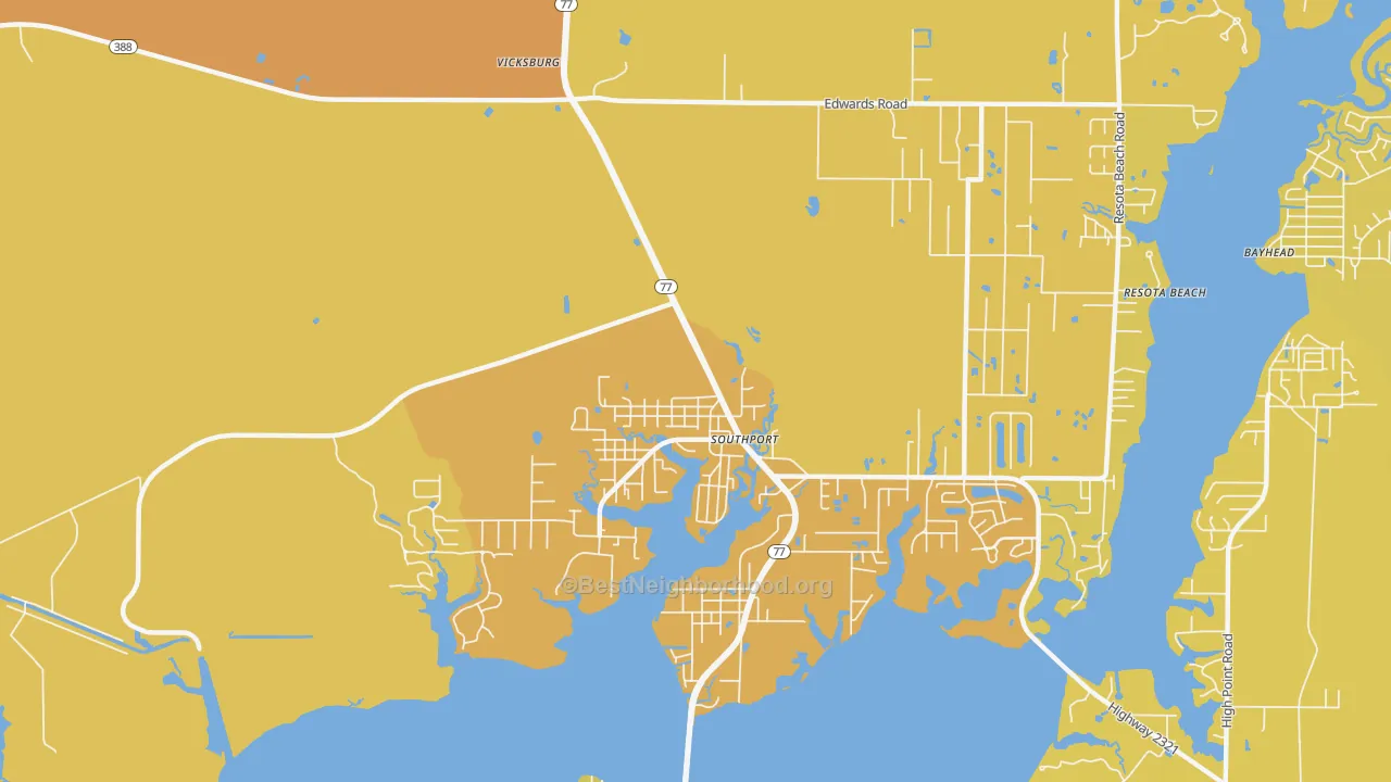 Map of the best neighborhoods in the Southport area, with better matches in green and worse matches in red