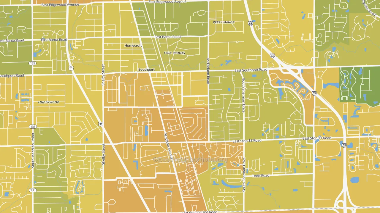 Map of the best neighborhoods in the Southport area, with better matches in green and worse matches in red