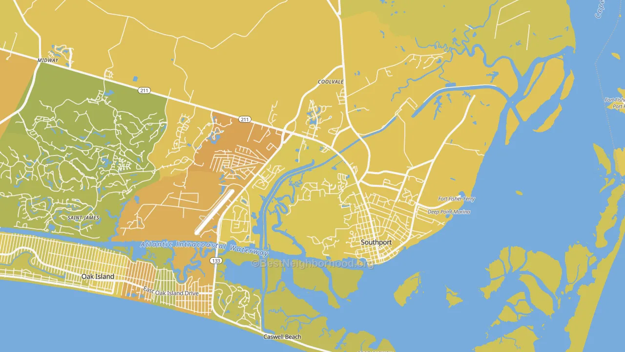Map of the best neighborhoods in the Southport area, with better matches in green and worse matches in red