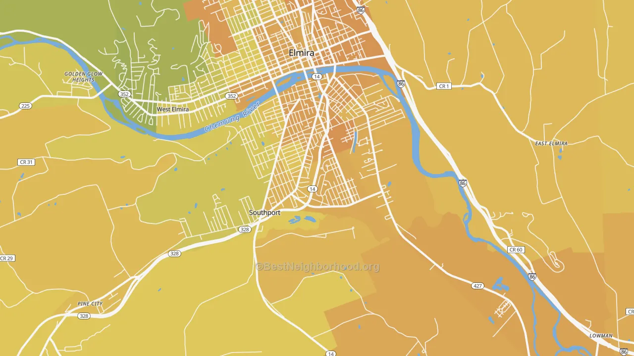 Map of the best neighborhoods in the Southport area, with better matches in green and worse matches in red