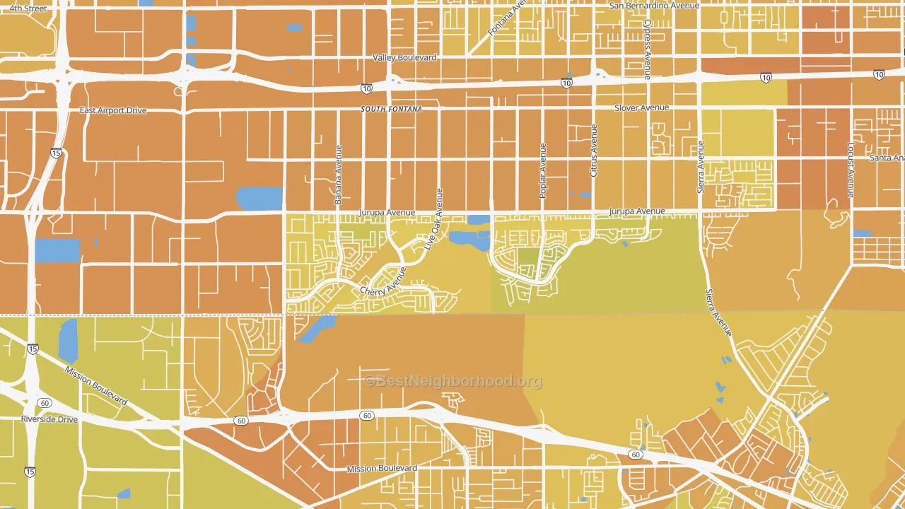 Map of the best neighborhoods in the Southridge Village, Fontana area, with better matches in green and worse matches in red