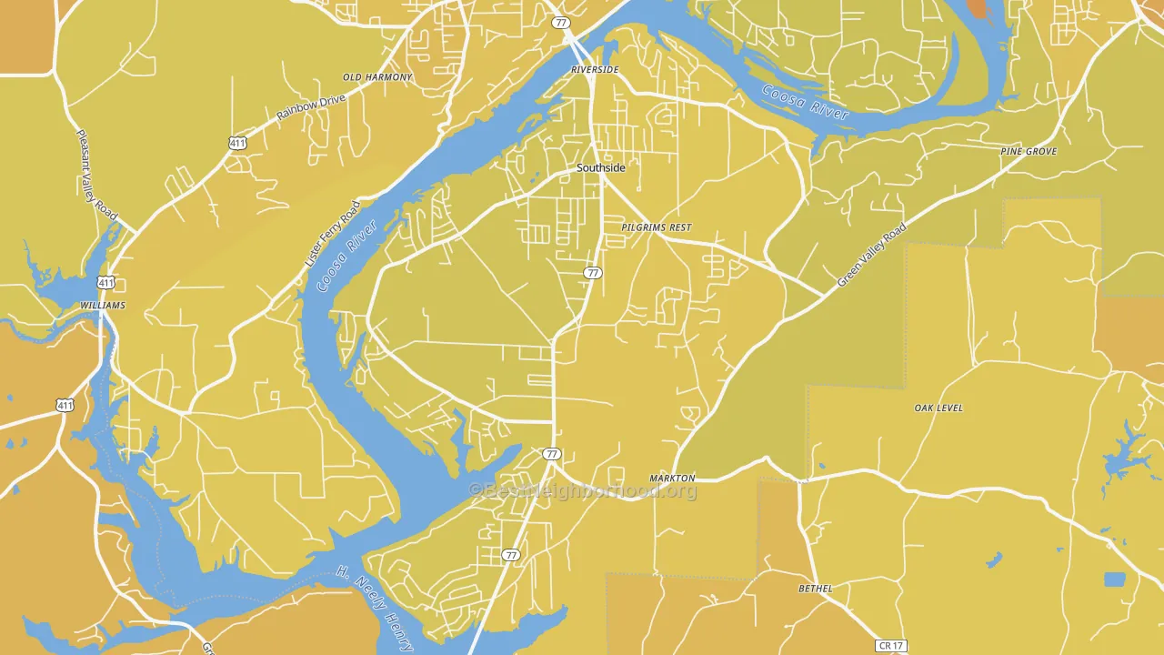 Map of the best neighborhoods in the Southside area, with better matches in green and worse matches in red