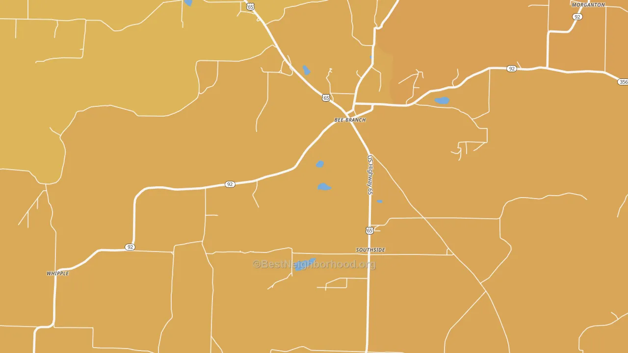 Map of the best neighborhoods in the Southside area, with better matches in green and worse matches in red